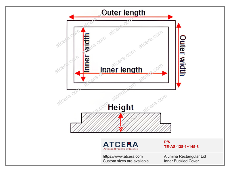 Drawing of Alumina Rectangular Lid Inner Buckled Cover