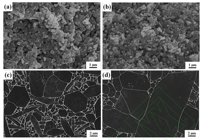 (a, c) Probenmikrostruktur nach Nitrieren ohne Zusatz und (b, d) Probenmikrostruktur nach Nitrieren mit vergrabenem Pulver, das C enthält (a, b) und Mikrostruktur von Siliziumnitrid nach Luft